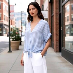 Bloomingdales Elan Striped Linen Blend Cropped Front Tie Top Womens XL Blue NEW